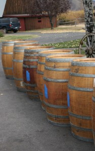 Empty oak barrels that will be used to age this year's zinfandel lot.