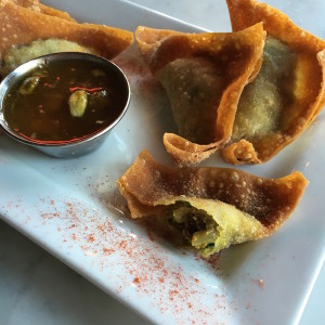Bison wontons served with mango chutney. The chutney is similar to a sweet and sour sauce, but with Indian spices.