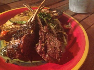 Grilled Lamb Rack with Chorizo Basil Hash and Grilled Bread