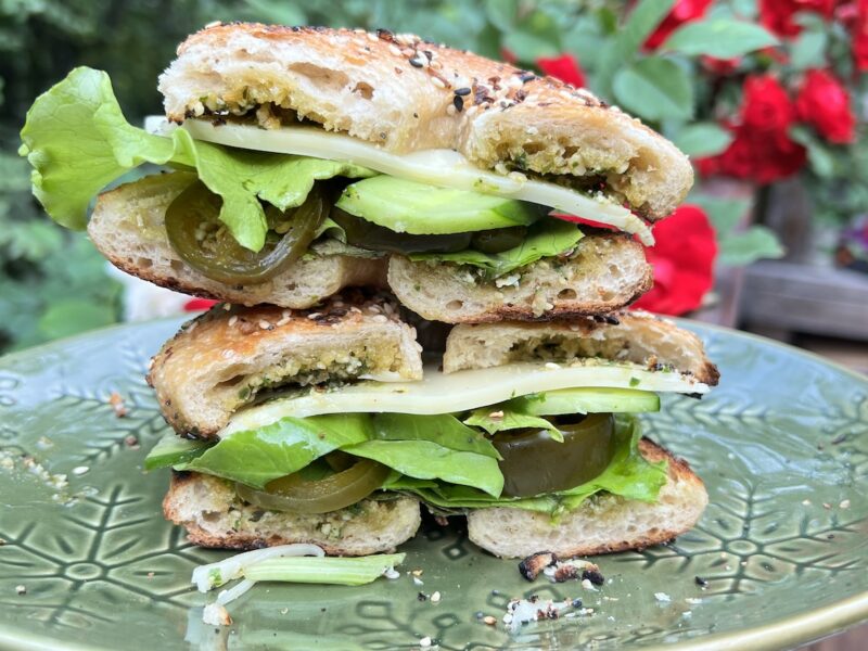 The No Cook Meal: Pesto, veggie and cheese bagel with candied jalapeño recipe Jackson Hole Farmers Market