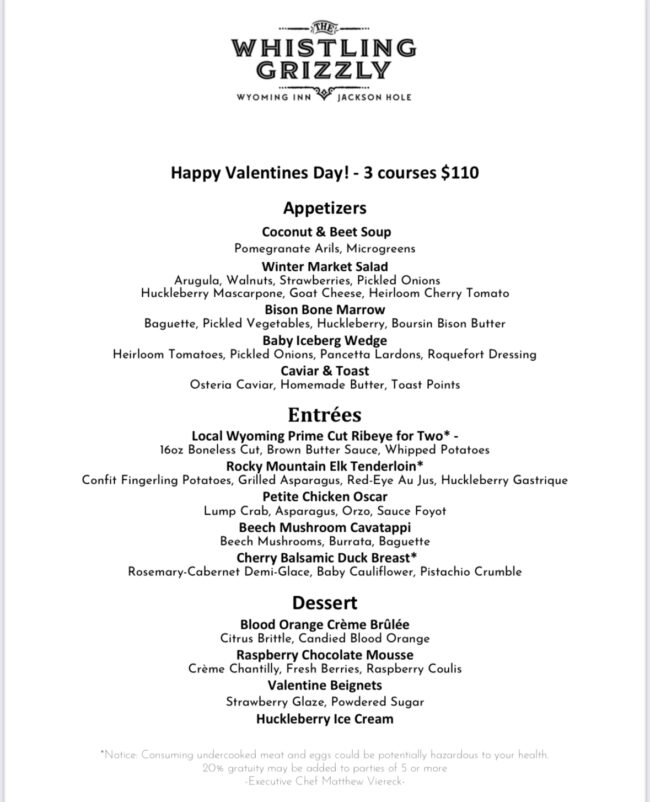 Whistling Grizzley V-day menu