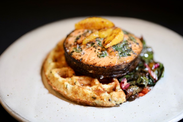 The White Buffalo Club’s Salmon Roulade with Rice Waffle